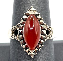 Vintage Sterling Silver Carnelian Ornate Ring, Size 8.5