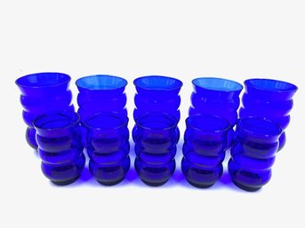 Set Of 10 Vintage MCM Louie Glass Co. Cobalt Blue Art Deco Stacked Ring Tumblers