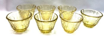 Incredible Set Of 7 Vintage Madrid Yellow Dep. Glass Jello Molds By Federal Glass