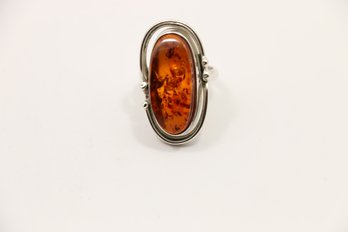 Sterling Silver Large Amber Ring Size 7.75