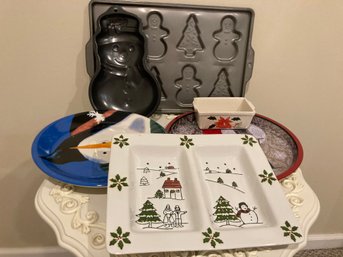 Holiday Baking Time Snowmen And Gingerbread Baking People Plate And Tray Plus More.