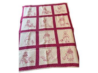 Vintage Redwork Crib Quilt Or Baby Blanket