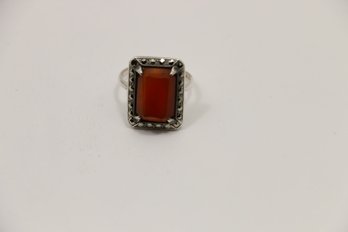 Sterling Silver Carnelian Marcasite Ring Size 6.25