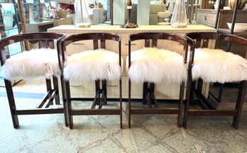 Set 4 NEW Interlude Home Burke High Gloss Walnut Counter Stools White Sheepskin Seats