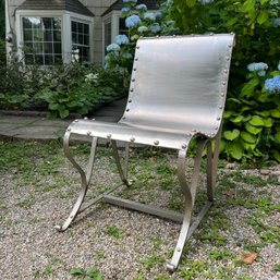 A Nickel Finish - Heavy - Metal Sleigh Chair With Rivets - Unique - Surprisingly Comfortable