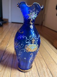 Vintage Cobalt Blue Murano Ruffled Vase With Applied Decoaration