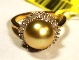Sterling Silver Ladies Ring Diamond And Pearl Ring Size 7