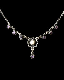 Vintage Sterling Silver Amethyst And Pearl Color Floral Y Necklace