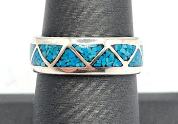 Vintage Sterling Silver Turquoise Inlay Ring, Size 7.5