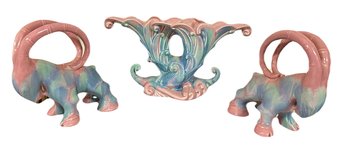 Set Of 3 Vintage Royal Haeger, By Royal Hickman. Rare Colors- Mauve Blue Cornucopia Vase LongHorn Goats 212-E3