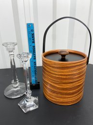 MCM Irvinware Faux Wood Ice Bucket Made In USA 2 Clear Glass Candlestick Holders No Chips