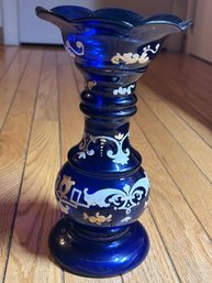 1930s Art Deco Era Bohemian Cobalt Blue Art Glass Vase With Applied Decoration