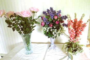 3 Faux Flower Arrangements In  Vases