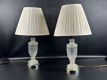 An Elegant Pair Of Table Lamps With Cut Crystal Bodies & Pleated Bell Shades