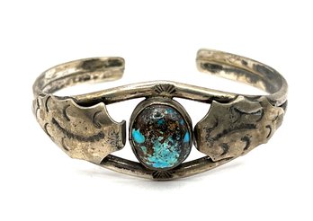 Vintage Sterling Silver Native American Turquoise And Leaf Cuff Bracelet