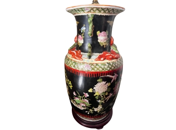 Lovely Black Floral Chinoiserie Urn Lamp With Raised Inchworm Relief Accents