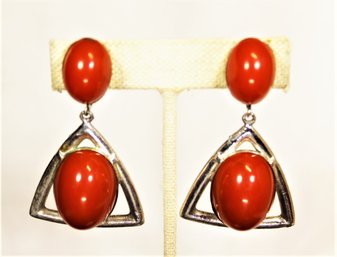 Vintage Bakelite Silver Tone Metal Dangle Drop Earrings.