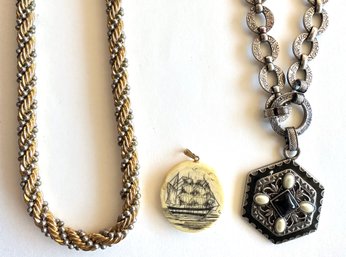 3 Vintage Necklaces: Carved Bone, Heavy Chain & Pendant