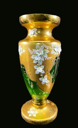 Beautiful Green Gold Guilded Glass Vase With Applied Flowers