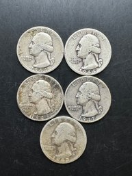 5 Washington Silver Quarters 1942, 1944, 1944-S, 1947, 1949