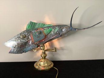 Large Metal Fish Lamp On Brass Base