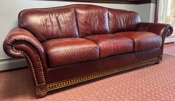 Leather Sofa With Nailhead Trim And Carved Apron