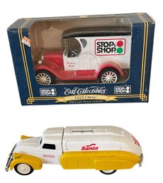 Lot Of 2-  1/25 Ertl Collectibles 1923 Stop And Shop Chevy & Santa Fuel Oil Delivery Trucks Coin Banks Models