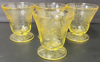 Vintage Lot Of 4 Depression Glass Footed Cup Tumbler - Hazel Atlas Florentine - Yellow Poppy - 3.25 H