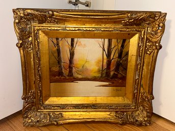 Vintage Signed LE GRAND Oil Painting- Forest And Lake At Dusk