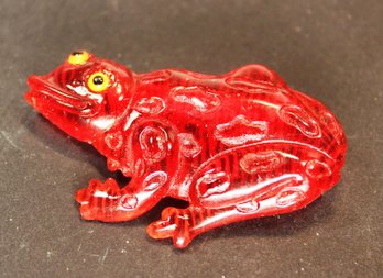 Rare Red Bakelite Lucite Reverse Carved Frog Toad Brooch