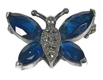 Sterling Silver Butterfly Brooch Pin Having Blue Gemstones