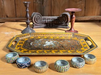 An Antique Tray, Moroccan Salt Cellars, And Decorative Candle Sticks