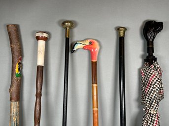 Collection Of Antique & Vintage Canes, Walking Sticks & Umbrella