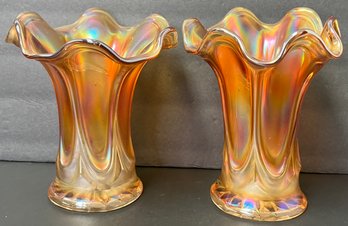 Vintage Pair Carnival Glass - Imperial - Parlor Panels - Fluted Vases - Marigold - 16 Point Star - 6 Panels