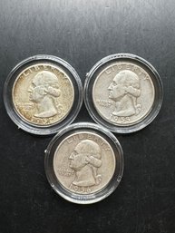 3 Washington Silver Quarters 1955, 1956-D, 1957