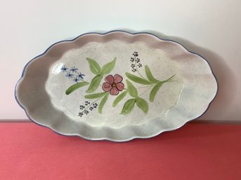 Hand Painted Pottery Decorative Oval Pie Plate W/ Fluted Edges Floral