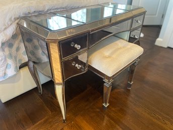Hollywood Regency Style Mirrored Vanity / Desk And Bench With Bonus Mirrored Pail