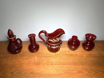 Vintage Grouping Of Ruby Red Glass, Including Bohemian Pitcher