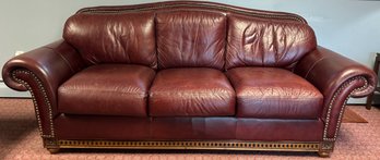 Leather Sofa With Nailhead Trim And Carved Apron