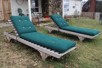 Pair Of Teak Chaise Loungers With Cushions