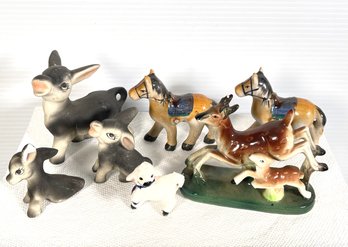 Mid Century Ceramic Animal Figures- 3 Donkeys, 2 Ponies, A Sheep And A Mother Deer & Her Fawn- Some From Japan