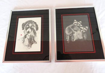 2 Raccoons And Dog & Cat  Prints Signed