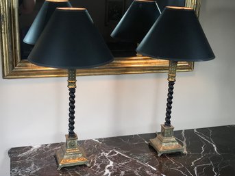 Lovely Pair Of Decorator Lamps - Brass And Black Barley Twist Wood - They Need New Shades - Very Nice !