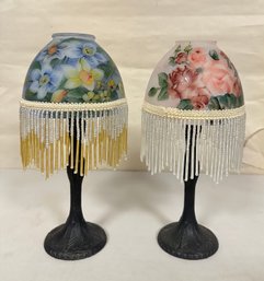 Lovely 2 Glass Hand Painted Dome Lamp Shade Glass Beaded Fringe Trim Roses, Leaves With Metal Stand Base.KD/A4