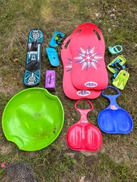 Youth 'Snowtime Fun' Lot Of Foam And Plastic Sleds, Beginner Snowboard And Dinosaur Snow Shoes