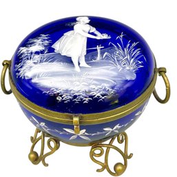 Stunning Victorian Mary Gregory Hand Decorated  Cobalt Blue Trinket Box. 4.5' X 3.5' Tall