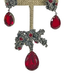 Fancy Silver Tone Red Glass Stone Costume Brooch & Earrings By Les Bernard, Inc.