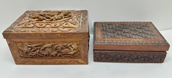 2 Vintage Carved Wood Jewelry Boxes, Large With Interior Tray