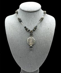 Beautiful Hematite And Silver Color Beaded Necklace With Pendant