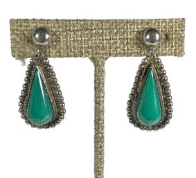 Vintage Mexican Sterling Silver Screw Back Earrings Ear Pendants Green Onyx